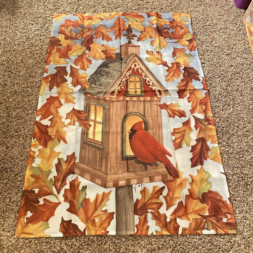 Birdhouse Cardinal Fall Leaves Red Bird Thanksgiving Garden Yard Flag 38X25